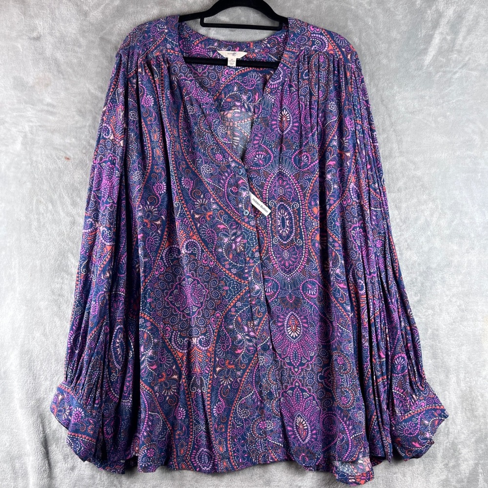 Terra & Sky Blouse Plus Size 3X Purple Paisley Hidden Button V-Neck Long Sleeve - Picture 10 of 10